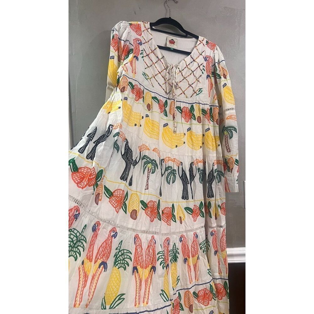 Farm Rio Off-White Tropicolors Yoke Embroidered Midi Dress Small NEW - Picture 5 of 7